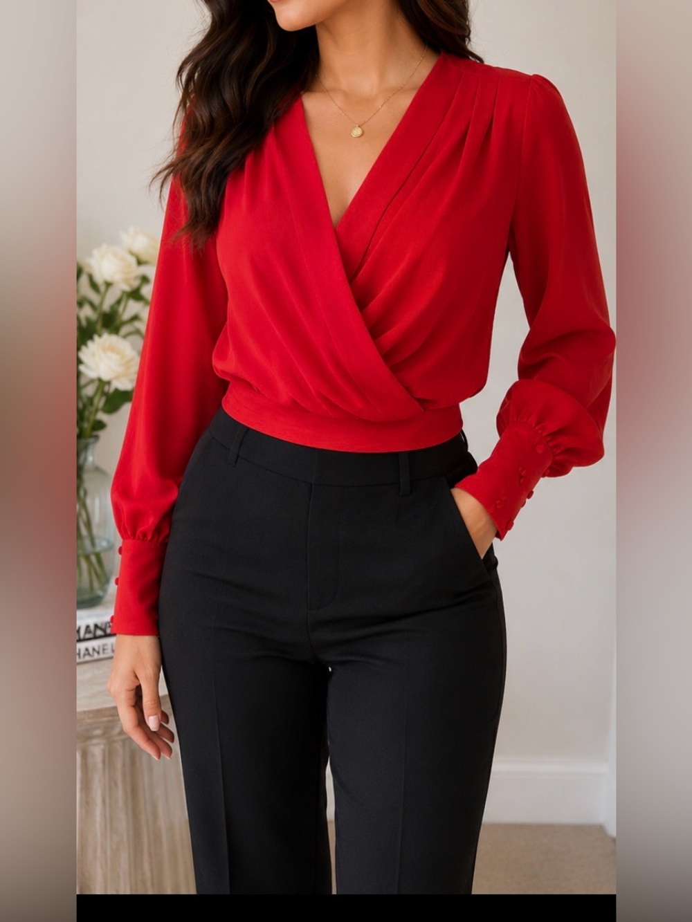 Express Women’s Red Wrap Surplice Long Sleeve Blouse Size XS